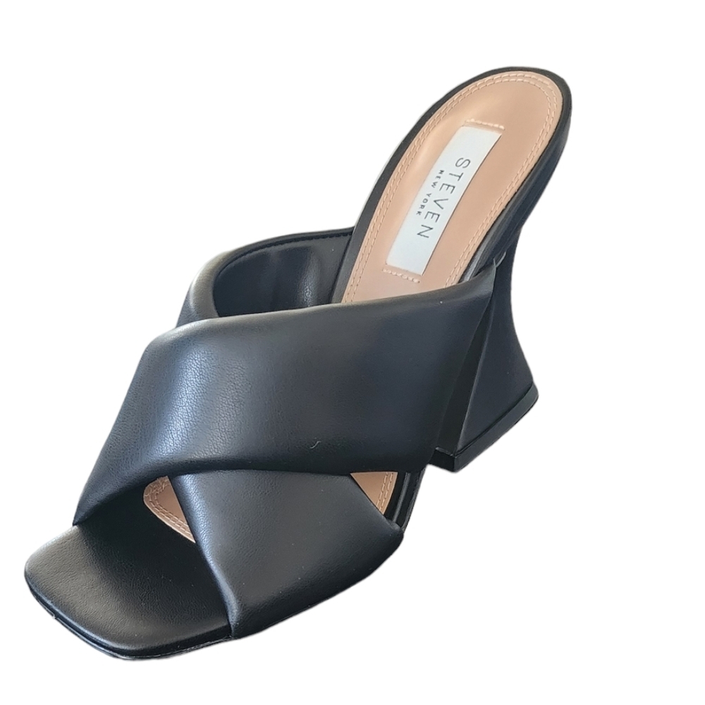 Steven New York Women's Black Leather Open Toe Baga Heel Sandal Size 7.5 - Picture 8 of 8